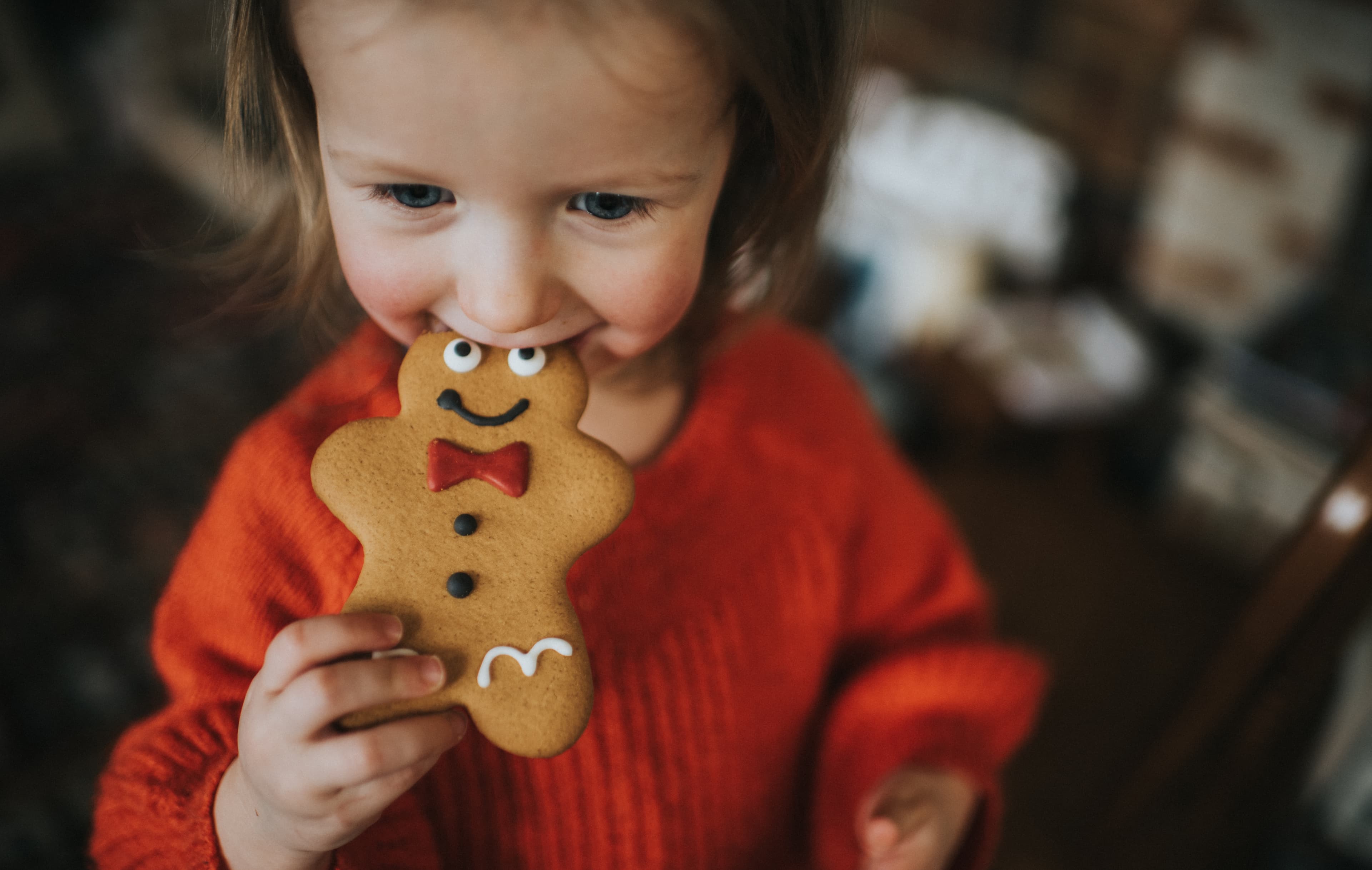 Pepparkakor och palmolja. Barn äter pepparkaksgubbe